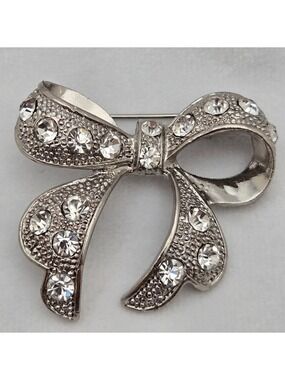 Vintage Silver-Tone Rhinestone Bow Brooch 1.5” x 1.5” Sparkling